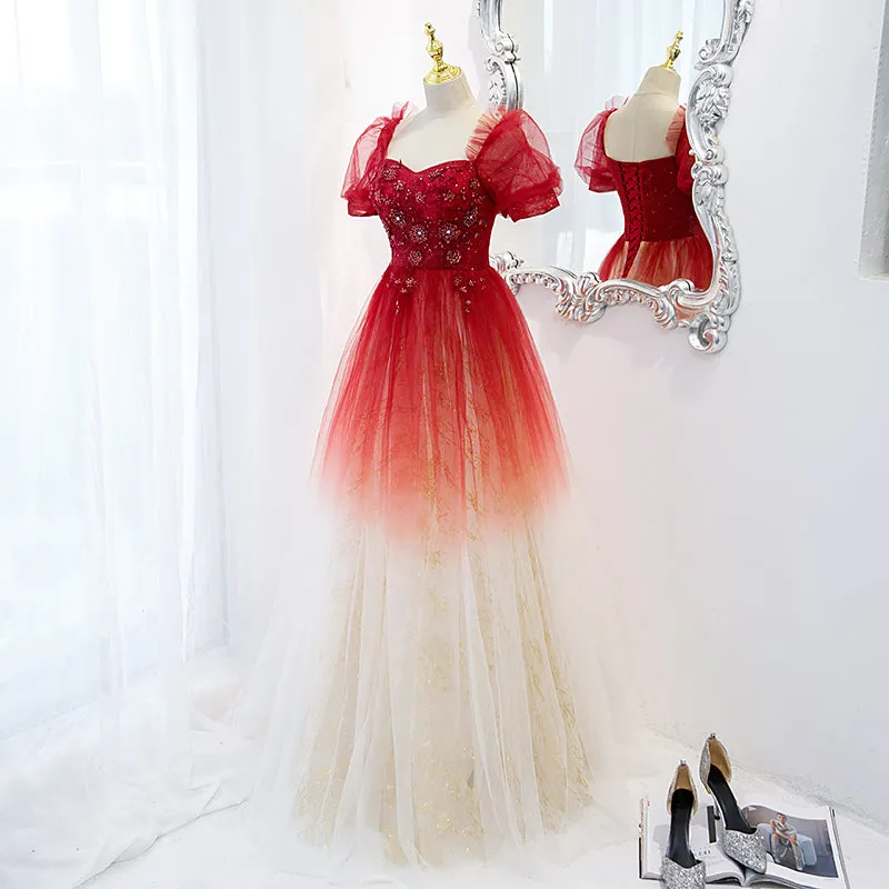 Beautiful Gradient Red Tulle Beaded Puffy Sleeves Formal Dress, A-line Tulle Prom Dresses