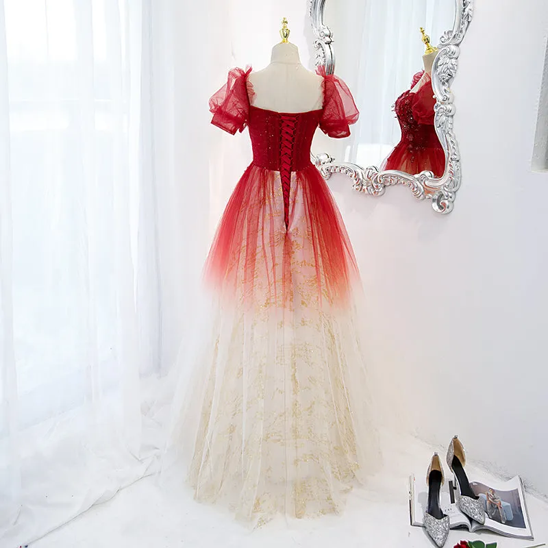Beautiful Gradient Red Tulle Beaded Puffy Sleeves Formal Dress, A-line Tulle Prom Dresses