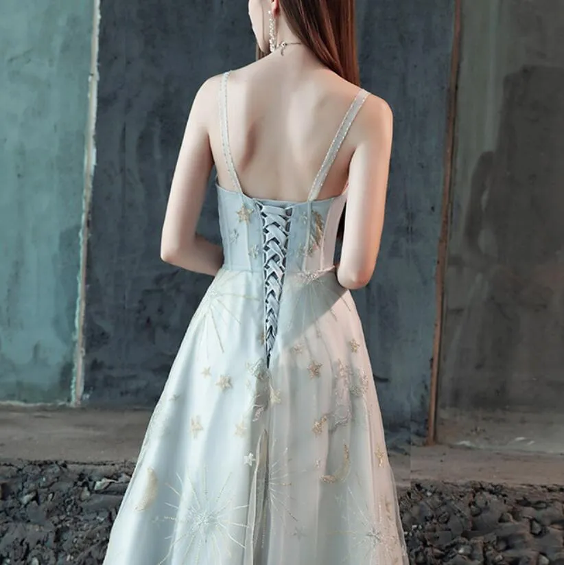 Beautiful Grey-Blue Straps Sweetheart Tulle Long Party Dresses, A-line Formal Dresses