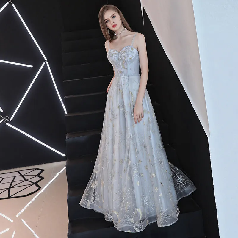 Beautiful Grey-Blue Straps Sweetheart Tulle Long Party Dresses, A-line Formal Dresses