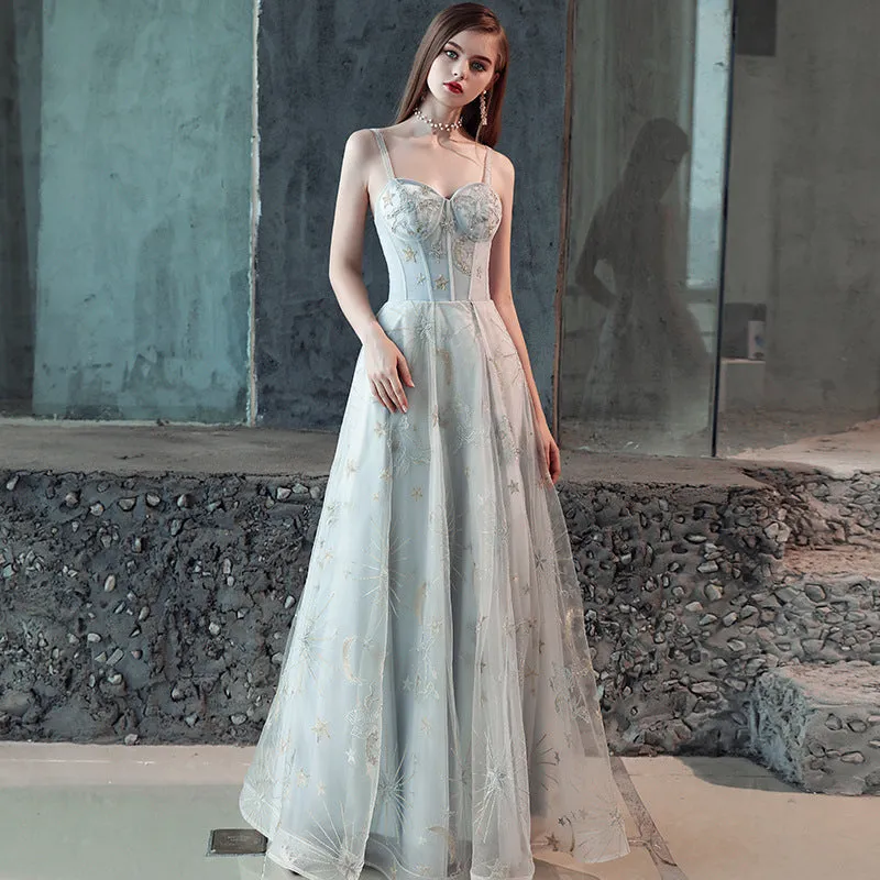 Beautiful Grey-Blue Straps Sweetheart Tulle Long Party Dresses, A-line Formal Dresses