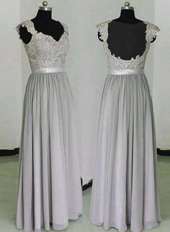 Beautiful Grey Lace and Chiffon Sheer Back Long Bridesmaid Dress, Long Party Dress