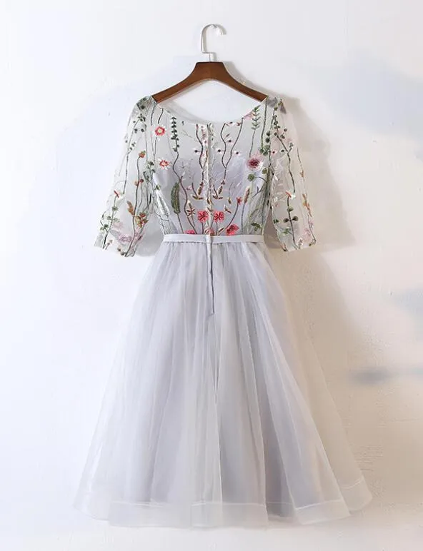 Beautiful Grey Tulle Round Neckline with Flowers Party Dress, Short Prom Dress