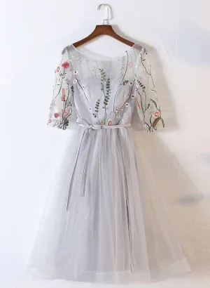 Beautiful Grey Tulle Round Neckline with Flowers Party Dress, Short Prom Dress