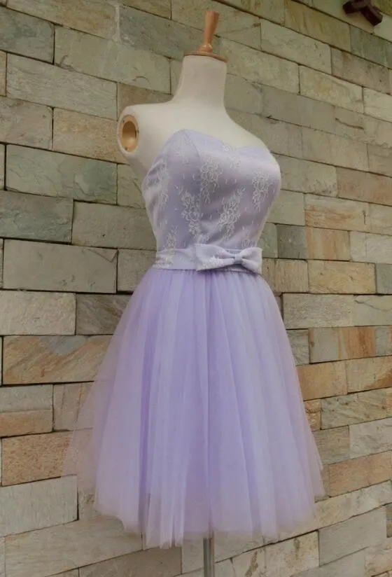 Beautiful Lavender Tulle and Lace Cute Party Dress, Sweetheart Party Dress with Bow