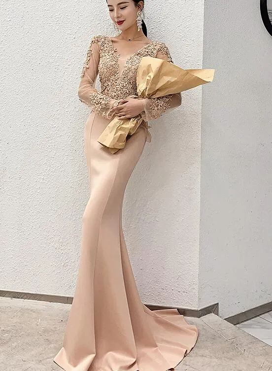 Beautiful Mermaid Champagne Long Sleeves Party Dress, Lace Applique Prom Dress