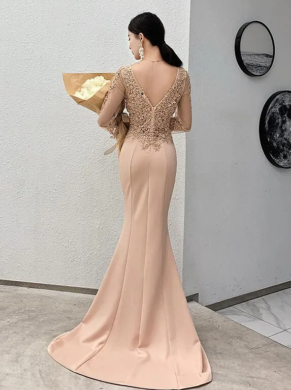 Beautiful Mermaid Champagne Long Sleeves Party Dress, Lace Applique Prom Dress