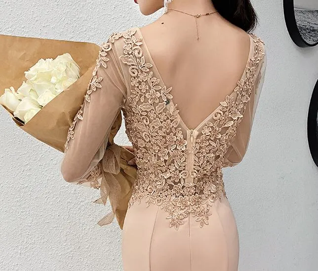 Beautiful Mermaid Champagne Long Sleeves Party Dress, Lace Applique Prom Dress