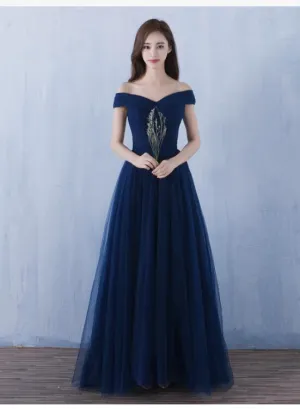 Beautiful Navy Blue Off Shoulder Tulle Formal Dress, Lovely Party Dresses