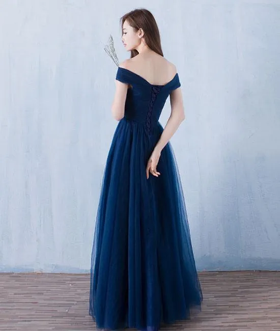 Beautiful Navy Blue Off Shoulder Tulle Formal Dress, Lovely Party Dresses