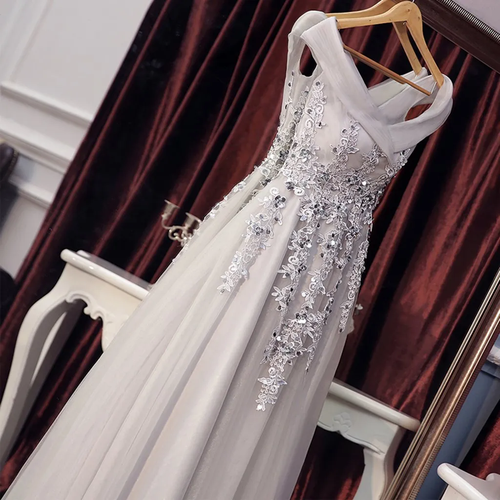 Beautiful Off Shoulder Grey V-neckline Prom Dress with Lace Applique, Grey Party Dresses
