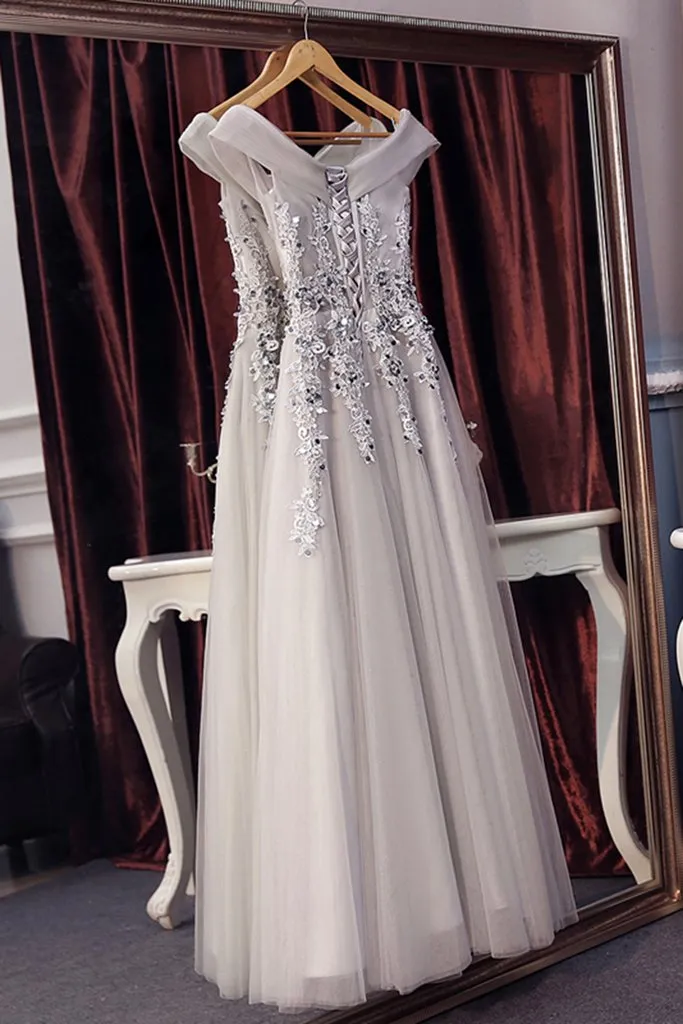 Beautiful Off Shoulder Grey V-neckline Prom Dress with Lace Applique, Grey Party Dresses