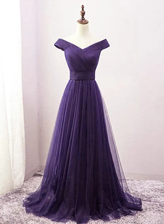Beautiful Off the Shoulder Long Purple Bridesmaid Dress, A-line Evening Gowns