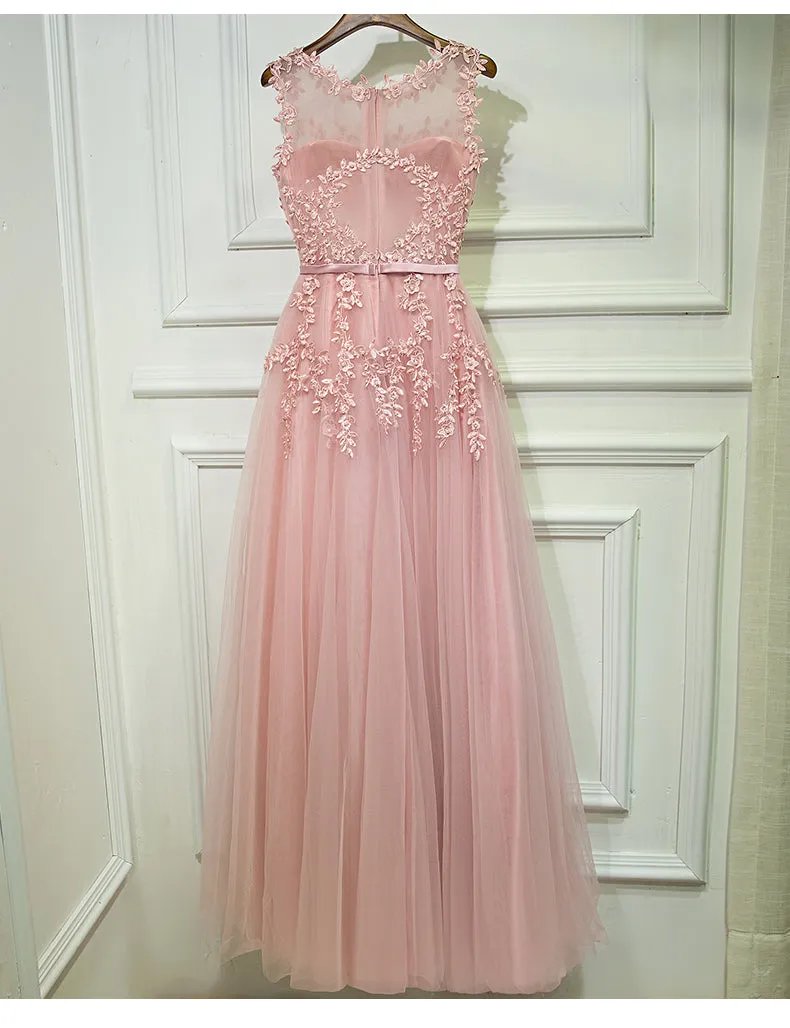 Beautiful Pink Round Neckline A-line Long Formal Gown, Prom Dresses