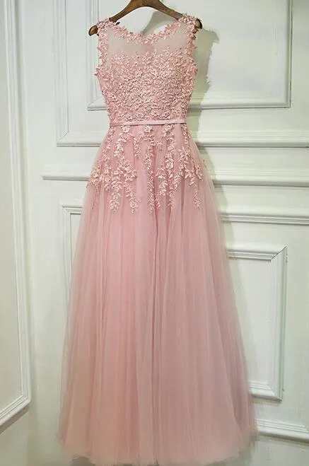 Beautiful Pink Round Neckline A-line Long Formal Gown, Prom Dresses
