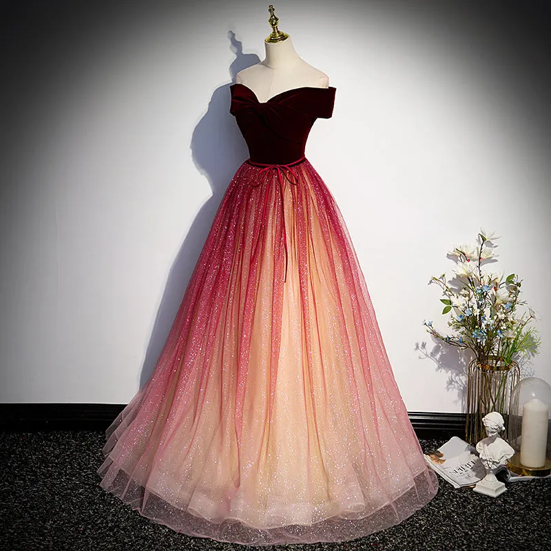 Beautiful Red Gradient Off Shoulder Velvet Long Party Dress Formal Dress, Tulle Junior Prom Dresses