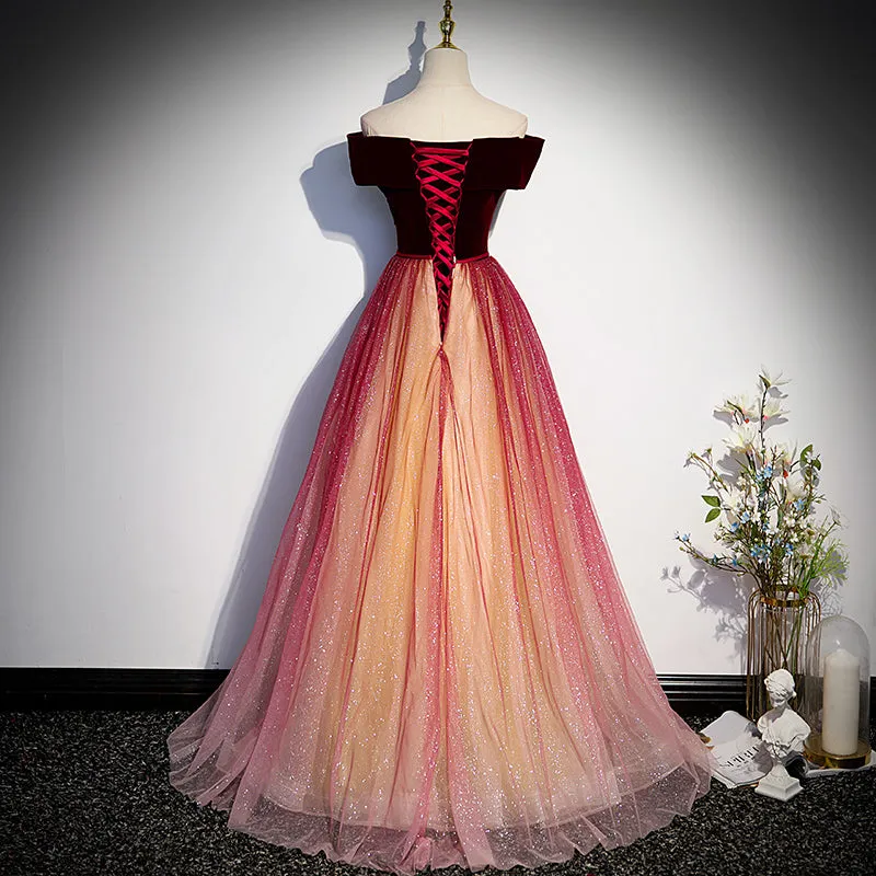 Beautiful Red Gradient Off Shoulder Velvet Long Party Dress Formal Dress, Tulle Junior Prom Dresses