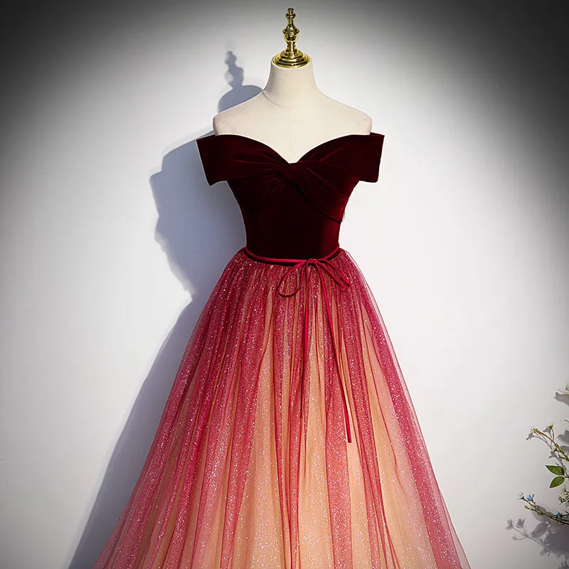 Beautiful Red Gradient Off Shoulder Velvet Long Party Dress Formal Dress, Tulle Junior Prom Dresses