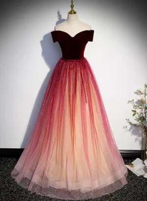 Beautiful Red Gradient Off Shoulder Velvet Long Party Dress Formal Dress, Tulle Junior Prom Dresses