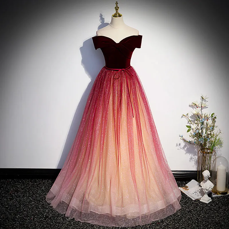 Beautiful Red Gradient Off Shoulder Velvet Long Party Dress Formal Dress, Tulle Junior Prom Dresses