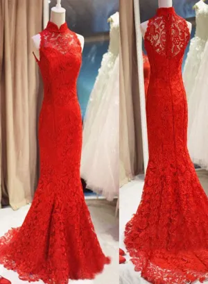 Beautiful Red Lace Halter Mermaid Wedding Party Dress, Red Lace Gown