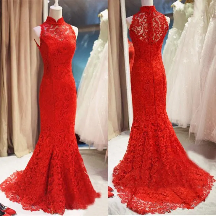 Beautiful Red Lace Halter Mermaid Wedding Party Dress, Red Lace Gown