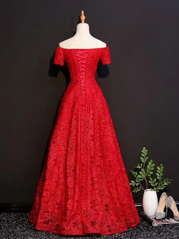 Beautiful Red Lace Off Shoulder Floor Length Party Dress, Red Formal Dress