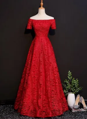 Beautiful Red Lace Off Shoulder Floor Length Party Dress, Red Formal Dress