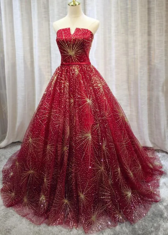 Beautiful Red Sparkle Lace-up Long Prom Dress, Dark Red Formal Gowns, Woman Formal Dress