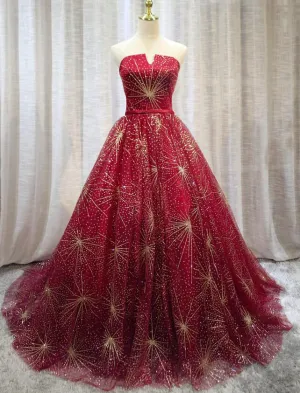 Beautiful Red Sparkle Lace-up Long Prom Dress, Dark Red Formal Gowns, Woman Formal Dress