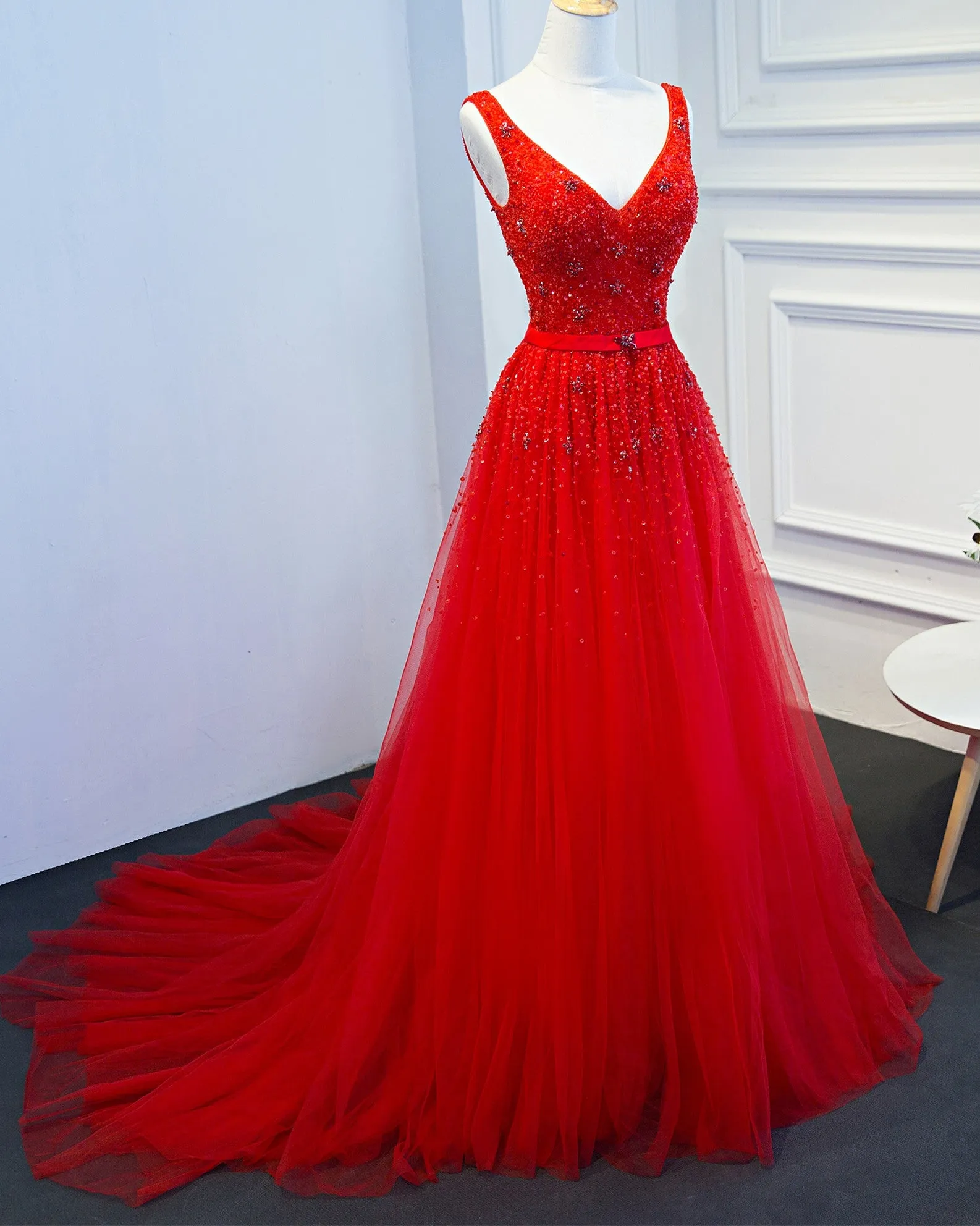 Beautiful Red Tulle Long Party Dress, V-neckline Prom Dress