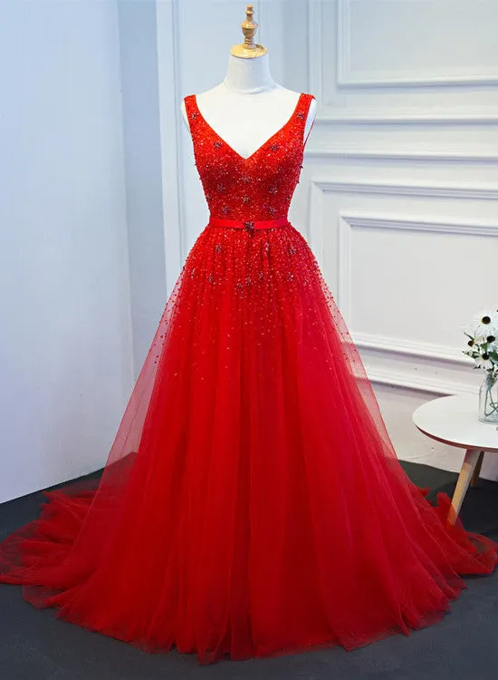 Beautiful Red Tulle Long Party Dress, V-neckline Prom Dress