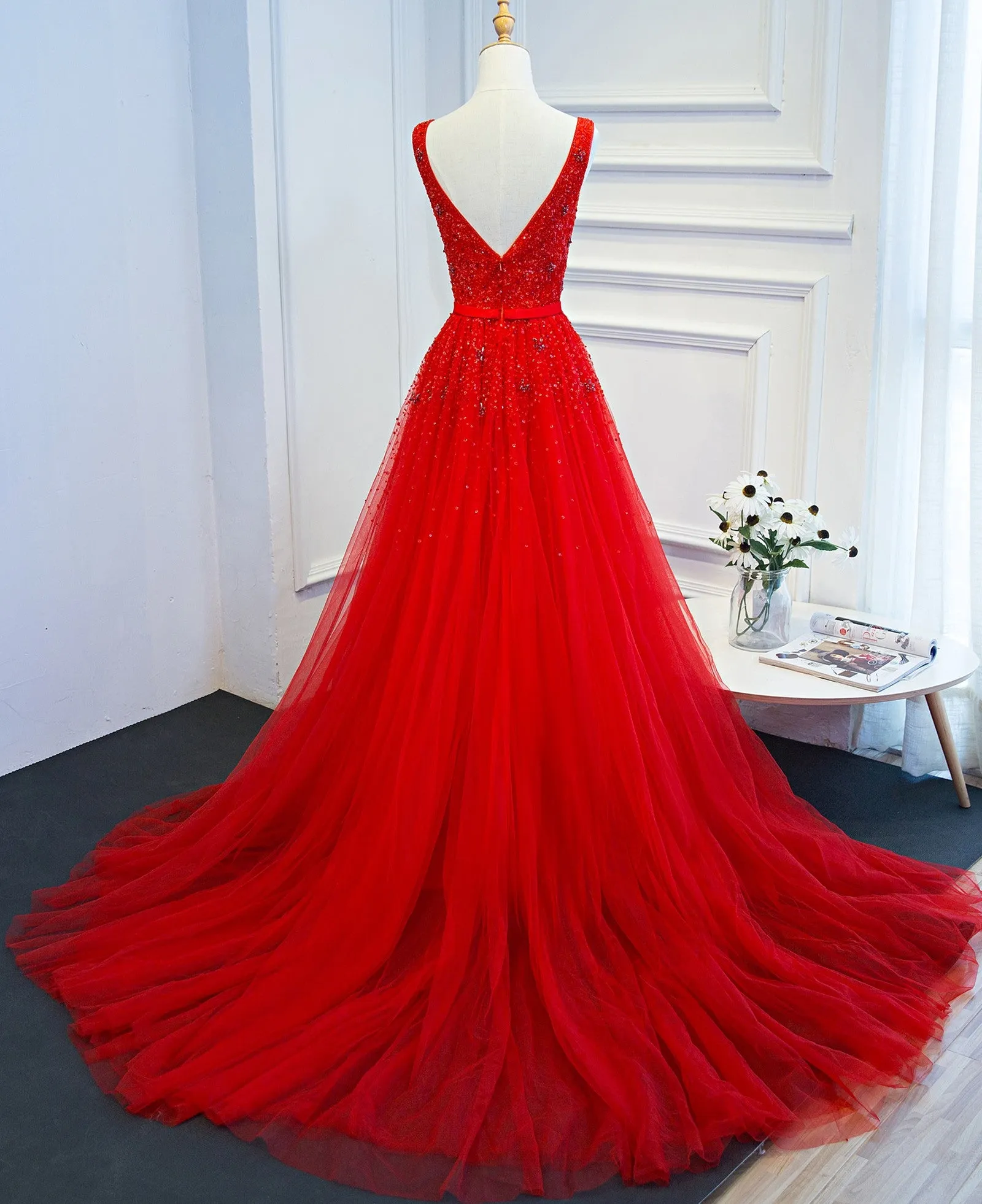 Beautiful Red Tulle Long Party Dress, V-neckline Prom Dress
