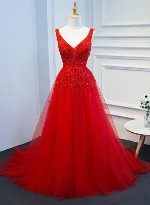 Beautiful Red Tulle Long Party Dress, V-neckline Prom Dress