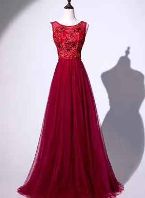 Beautiful Red Tulle V-neckline Party Dress with Flower Applique, Red Formal Gown