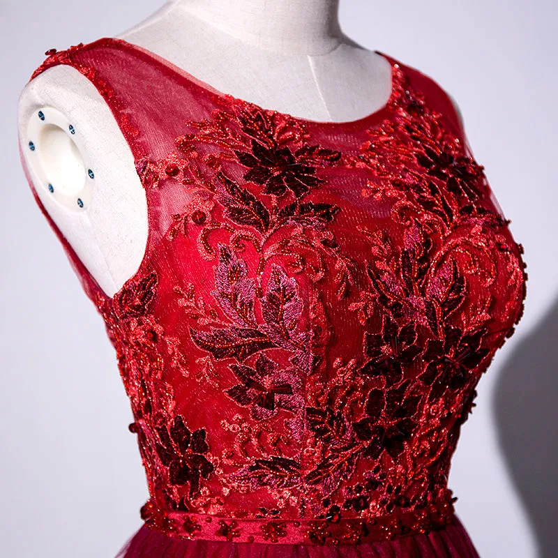Beautiful Red Tulle V-neckline Party Dress with Flower Applique, Red Formal Gown