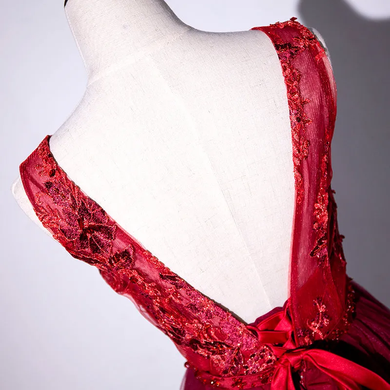 Beautiful Red Tulle V-neckline Party Dress with Flower Applique, Red Formal Gown