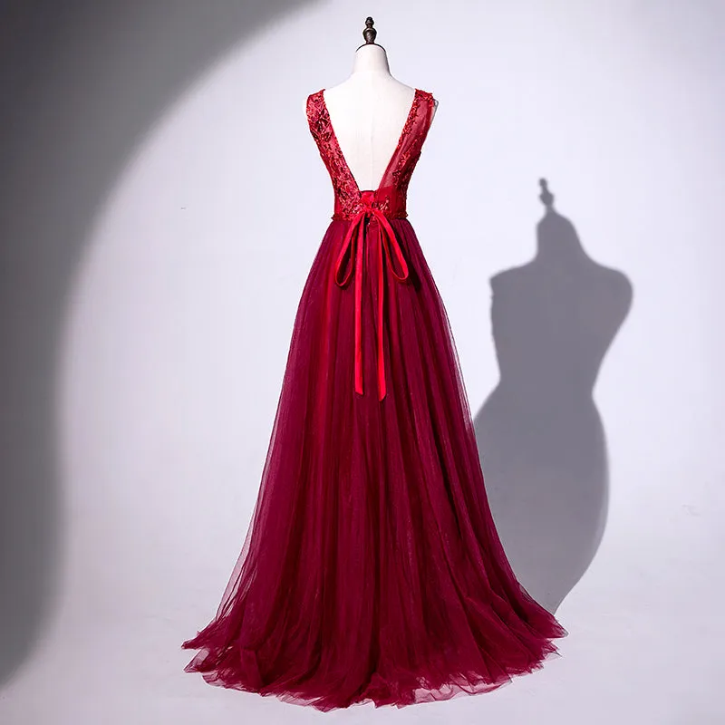 Beautiful Red Tulle V-neckline Party Dress with Flower Applique, Red Formal Gown