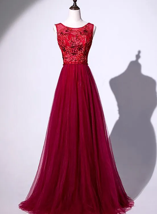 Beautiful Red Tulle V-neckline Party Dress with Flower Applique, Red Formal Gown