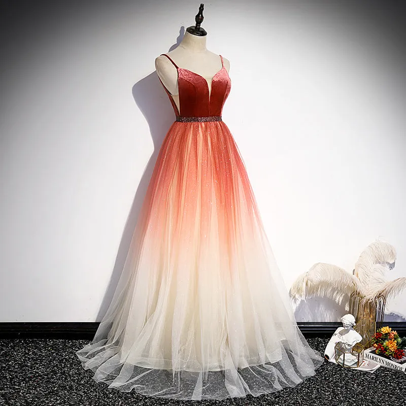 Beautiful Red Velvet and Gradient Tulle Beaded Party Dress, Straps Long Formal Gown
