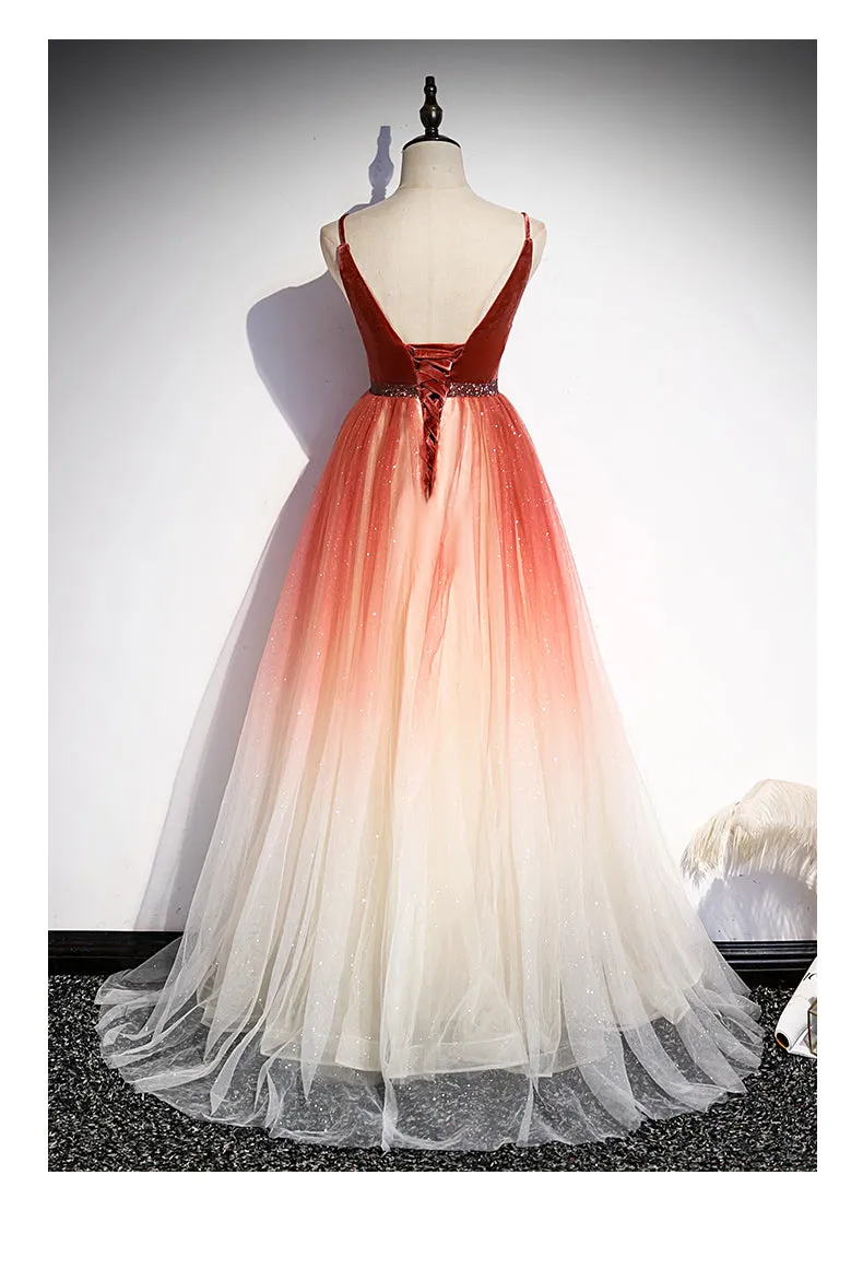 Beautiful Red Velvet and Gradient Tulle Beaded Party Dress, Straps Long Formal Gown