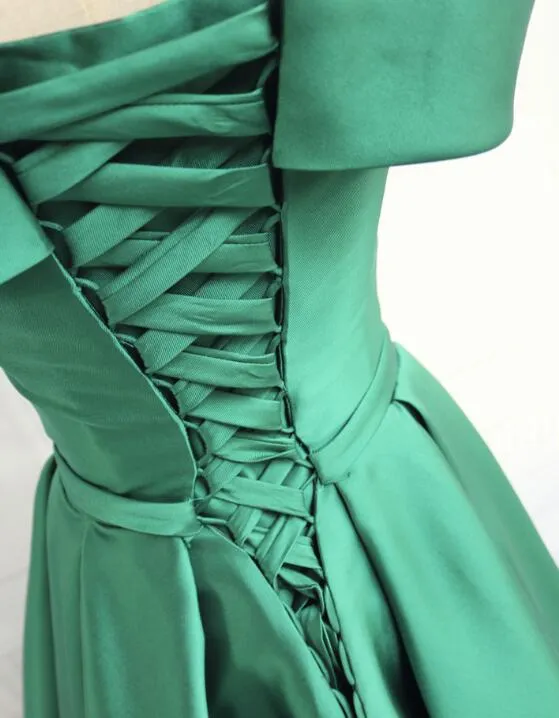 Beautiful Satin Green Off Shoulder Long Formal Dress, Beautiful Party Dresses
