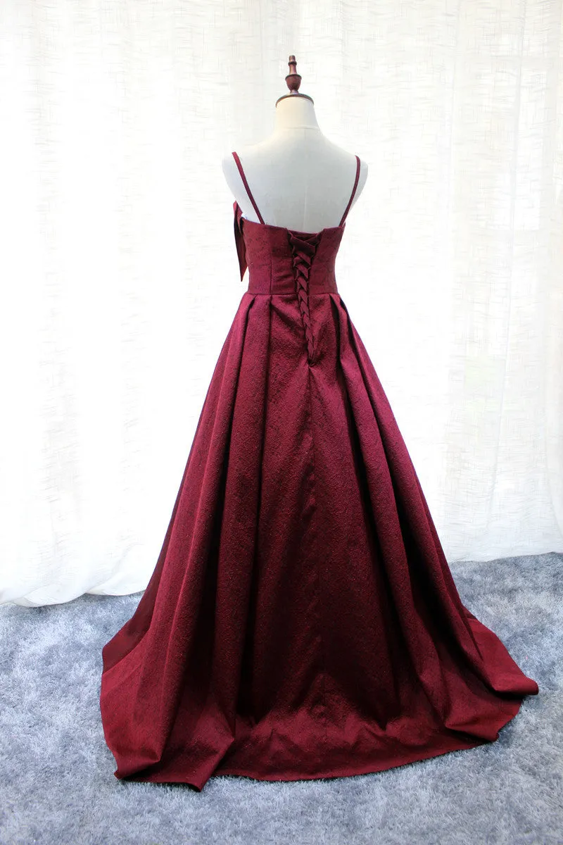 Beautiful Satin Wine Red Straps Long Party Gown, Handmade Formal Dress