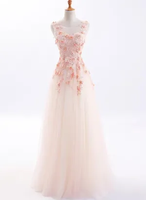 Beautiful Tulle Long Formal Gowns, Flowers Party Dresses, Long Prom Dress