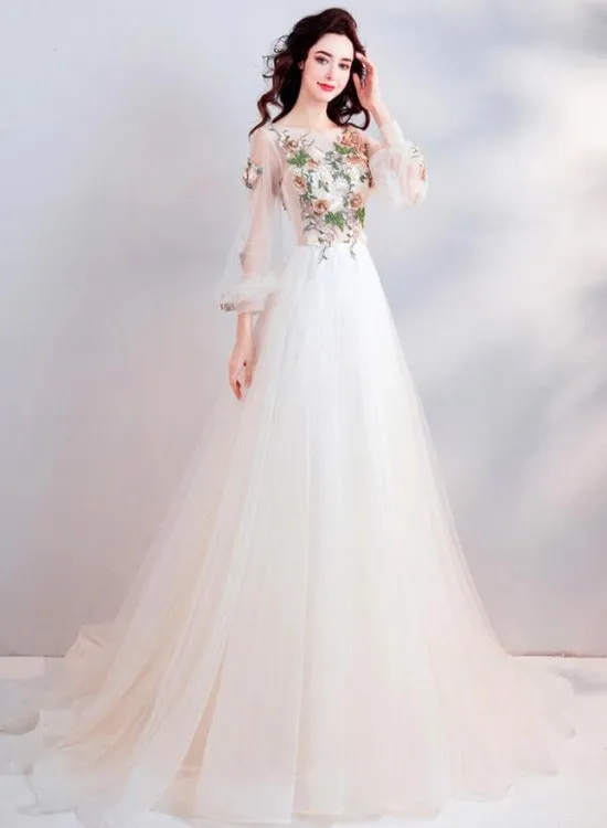 Beautiful Tulle Round Neckline Flower Lace Applique Long Formal Dress, Ivory Prom Dresses
