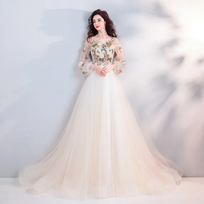 Beautiful Tulle Round Neckline Flower Lace Applique Long Formal Dress, Ivory Prom Dresses