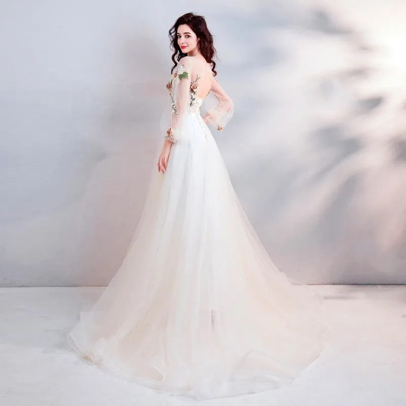 Beautiful Tulle Round Neckline Flower Lace Applique Long Formal Dress, Ivory Prom Dresses
