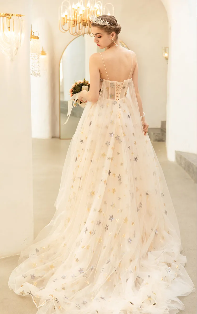 Beautiful Tulle Straps Champagne Court Train Long Formal Evening Gowns, Sweetheart Formal Dresses
