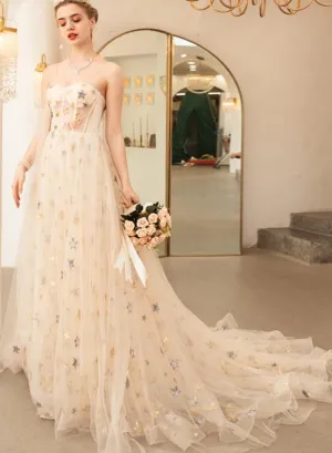 Beautiful Tulle Straps Champagne Court Train Long Formal Evening Gowns, Sweetheart Formal Dresses