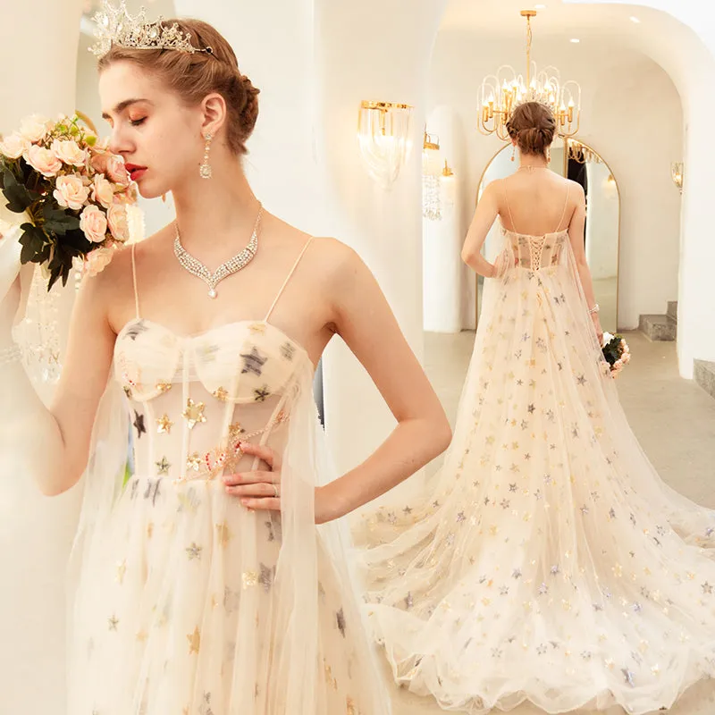 Beautiful Tulle Straps Champagne Court Train Long Formal Evening Gowns, Sweetheart Formal Dresses